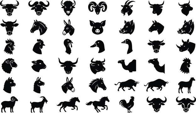 Comprehensive collection of various farm livestock and wild animal head silhouettes for branding