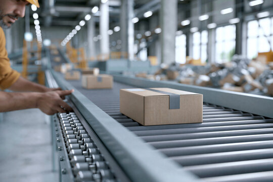 Worker guides box on conveyor belt. Facility hums with efficiency and motion. Hands adjust package with purpose. Focus shows dedication to process. Image captures modern logistics at work