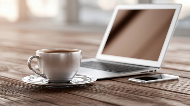 A cozy workspace with a laptop and a cup of coffee on a table.