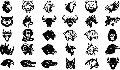 Obraz premium Modern monochrome collection of animal head silhouettes designed for creative branding layouts
