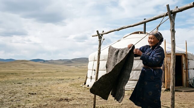 Mongolian woman hanging felt outside a yurt in the steppe