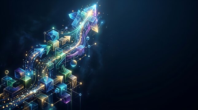 Abstract glowing arrows and cubes rising in a dark digital space