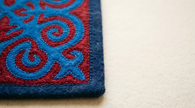 Traditional central asian nomadic felt rug embroidery close up