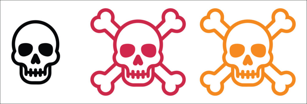 Skull and crossbones symbol set with pirate emblems, hazard warning icons, toxic danger labels, safety communication signs, and risk alert graphics, vector, designs