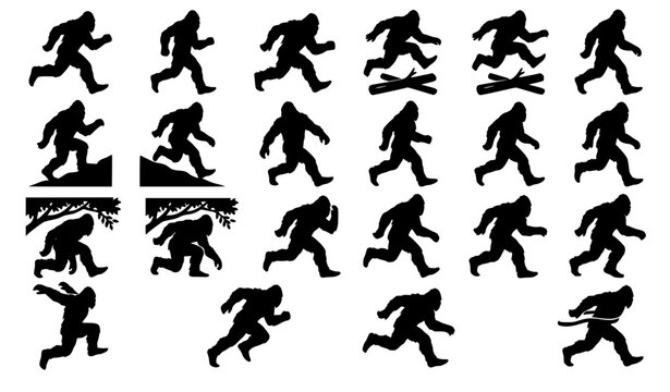Set of mythical bigfoot sasquatch silhouettes showing highly dynamic action poses running sprinting jumping climbing and hiding isolated on white background vector collection