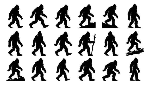 Collection of mythical bigfoot sasquatch silhouettes in diverse active poses walking hiking skiing and snowboarding isolated on a clean white background vector graphics set