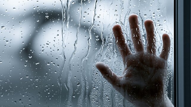 A hand pressed against a rain-soaked window, conveying emotions.