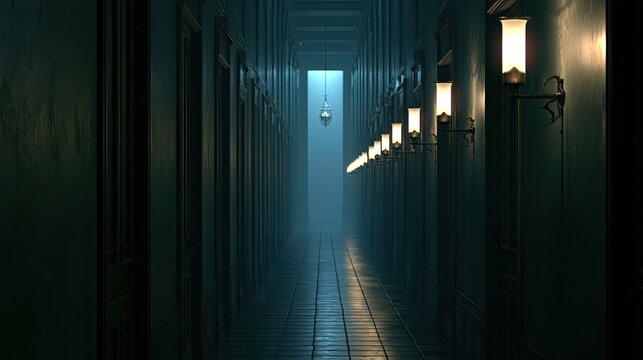 Dimly lit, long corridor with hanging lamp in foggy distance