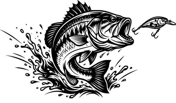 Hand drawn vintage sketch vector illustration of a largemouth bass fish jumping out of water to catch a fishing lure bait isolated on white background