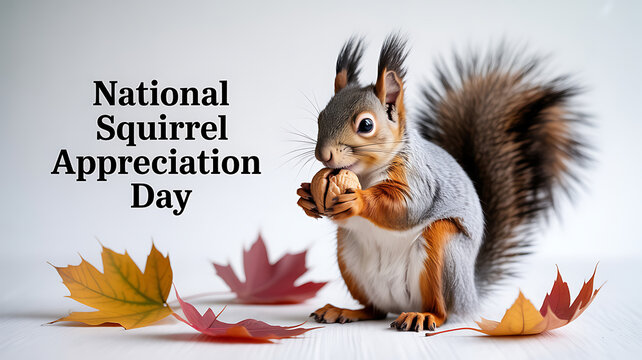 A squirrel holding a nut surrounded by autumn leaves on National Squirrel Appreciation Day