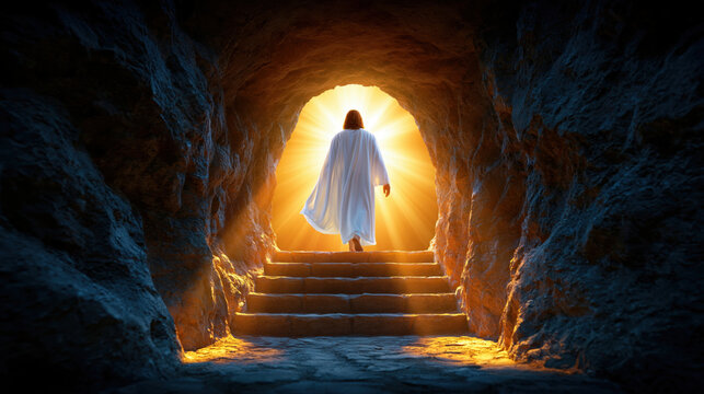 Resurrection scene biblical cave ancient tomb glowing light robed figure stone stair spiritual faith holy sunrise sacred entrance dramatic backlit divine presence tomb opening cave interior empty
