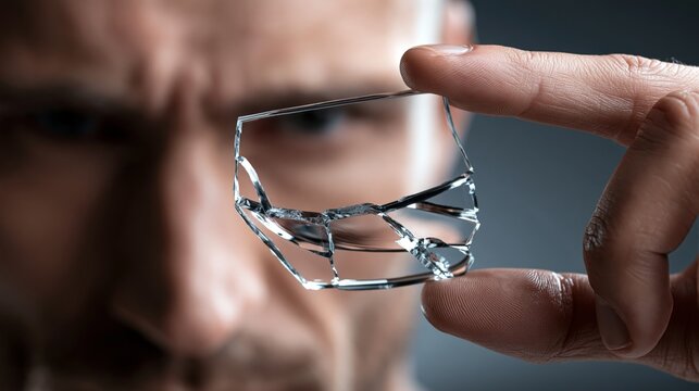 A man holds a shattered mirror, reflecting deep introspection.