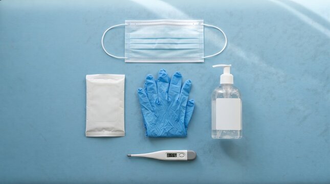 Essential personal protective equipment and health monitoring tools arranged on a clean light blue surface