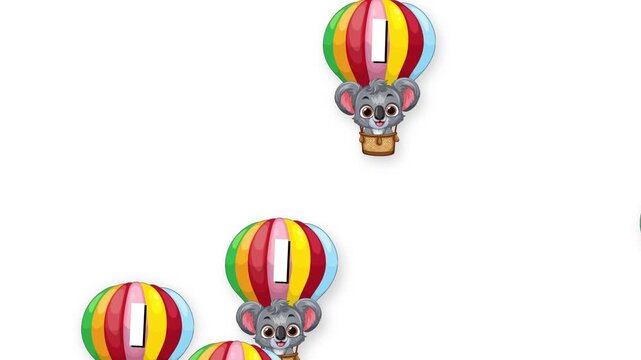 Cartoon Koalas Falling in Colorful Hot Air Balloons on White Background