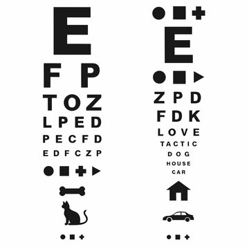 Eye exam charts with letters and symbols for vision testing