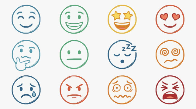 Sleek Colorful Emoticon Faces Set with Diverse Expressions and Vibrant Borders for Visual Communication