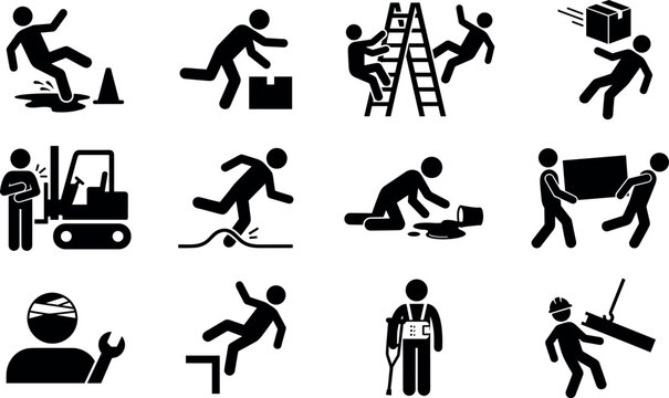 Set of workplace accident and injury icons, including slips, falls, heavy lifting, and construction hazards