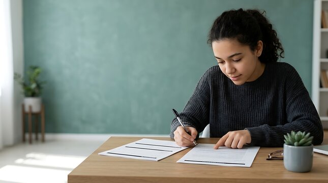 Focused young woman writing on documents at a wooden desk