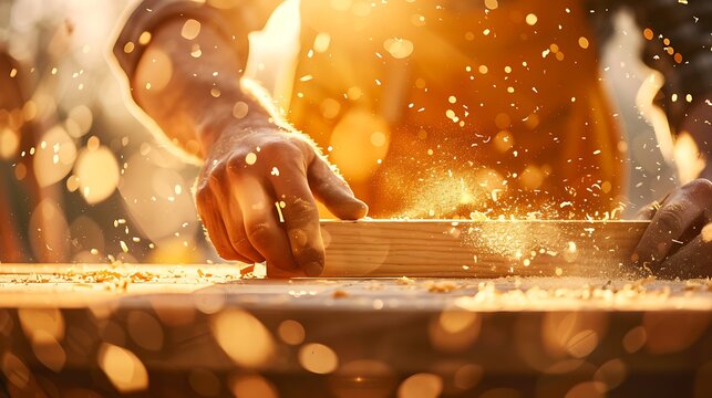 Carpenter hands sanding wooden plank with sawdust flying in warm golden sunlight