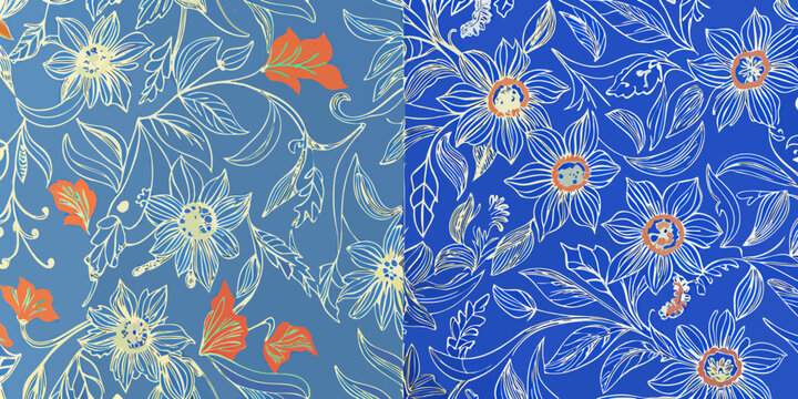 Floral ornament with sketched lines on a blue background