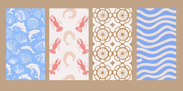 Nautical Pattern Featuring Shells Lobsters Ship Wheels And Waves