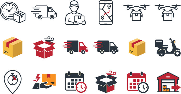 Fast delivery shipping logistics drone tracking box package warehouse courier transport scooter service icon vector flat set
