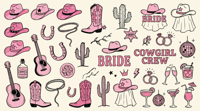 Vibrant Retro Cowgirl Disco Party Composition Featuring Pink Cowboy Hat, Stylish Western Boot, Sparkly Horseshoe, and Festive Decor Elements for Glamorous Nashville Themed Celebration