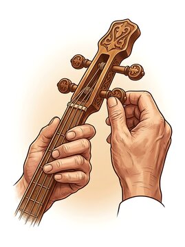 Hands tuning a traditional carved wooden string instrument