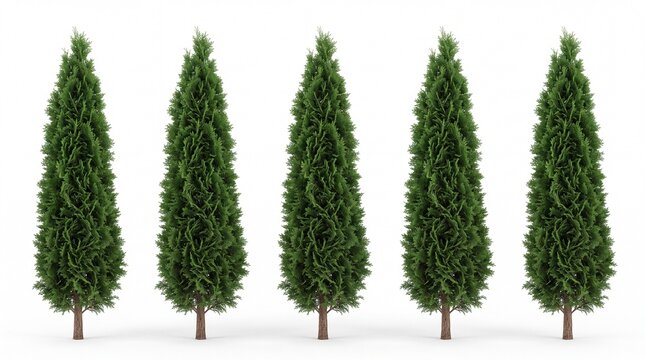 Five tall green cypress trees arranged in a straight row isolated on white background