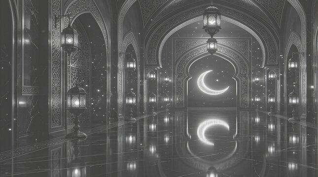Islamic mosque interior with glowing crescent moon, elegant ramadan kareem background, traditional arabic lanterns in dark monochrome hall