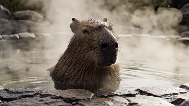 A relaxed capybara enjoys a peaceful soak within a steaming thermal hot spring, resting calmly among the rocky edges while vapor rises gently into the surrounding air during a cool winter
