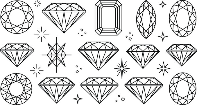 Diamond and gemstone vector line art icon set featuring brilliant cuts crystal shapes jewelry and luxury sparkle elements