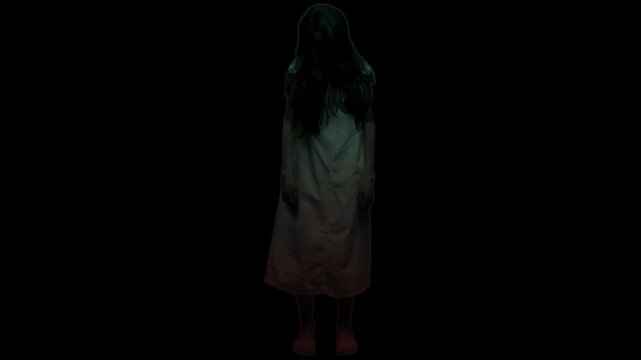 Spirited woman in white dress standing in darkness eerie atmosphere ghostly figure haunting presence mysterious lighting