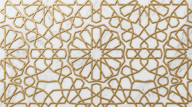 Islamic geometric pattern in gold on white marble background, elegant arabic lattice wall art, luxury middle eastern architectural ornament
