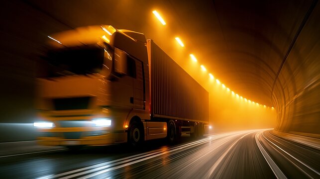 A truck driving through a tunnel illuminated by warm lights.