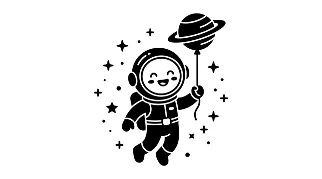Cute astronaut floating in deep space holding saturn planet balloon vector illustration.