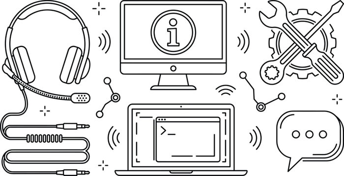 Customer service and IT tech support vector line art icon set featuring headset computer monitor laptop maintenance tools