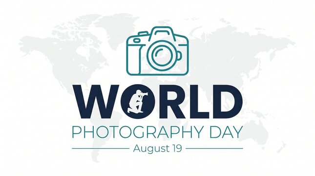 World photography day poster with camera icon silhouette and world map background design photography celebration creative professional technology business photographer