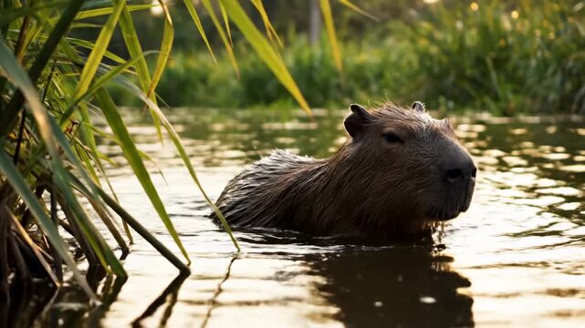 A mature capybara swims gracefully through the calm waters of a tropical river during a serene sunset while being surrounded by lush green vegetation that grows wildly along the muddy wet banks