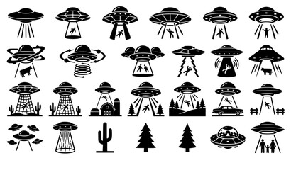 UFO alien spaceship abduction black silhouette icon vector set featuring flying saucers beaming up cows humans trees and houses for sci-fi mystery graphic designs. © MdIbrahimIslam