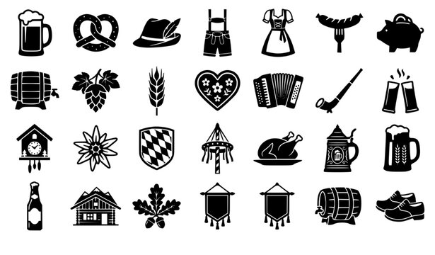 Oktoberfest festival black silhouette icon vector set featuring traditional Bavarian elements beer mugs pretzels lederhosen dirndl and instruments for German autumn celebration designs.