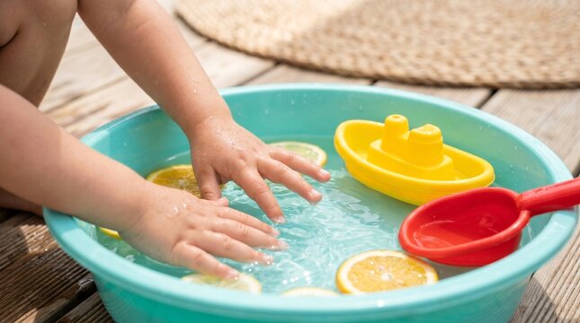 Toddler playing with water and lemon slices in a blue basin, sensory play activity for sensory development and early childhood education