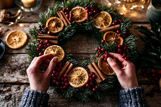 Close up of craftsman hands creating Christmas wreath with pine cones and dried oranges on rustic wooden table