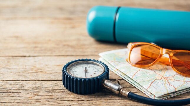 Travel health monitoring concept with blood pressure gauge map and sunglasses on wooden table for adventure planning and medical safety