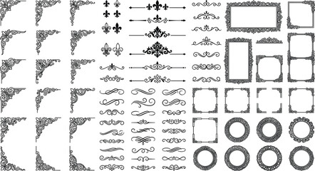 Vintage Black Silhouette Decorative Corner Border Divider Frame and Fleur De Lis Ornament Mega Collection Set for Classic Invitation Design Layouts © Bijoy