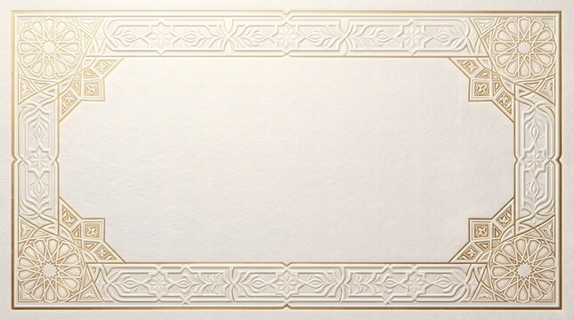 Islamic geometric border on white paper, elegant gold embossed frame with arabesque patterns, luxury ornamental certificate background for ramadan