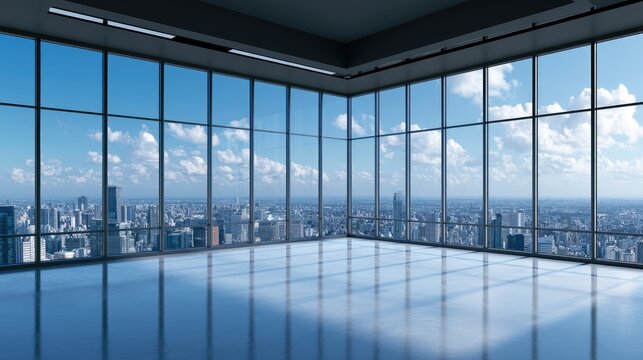 Modern empty corner office with floor-to-ceiling windows and city skyline view