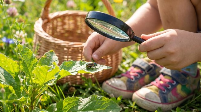 Young child exploring nature with magnifying glass examining beetle on leaf in sunny meadow for outdoor education and biology learning concept