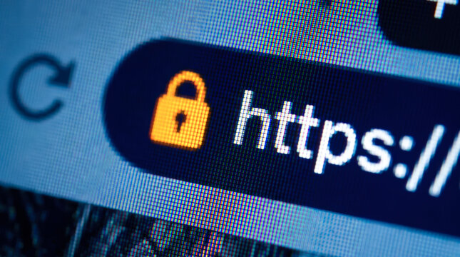 Close Up View of a Secure HTTPS Web Browser Address Bar With a Glowing Yellow Padlock Icon