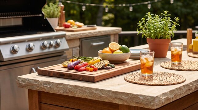 Outdoor Kitchen Grilling Setup with Fresh Grilled Vegetables and Iced Tea on a Stone Countertop for Summer Backyard Entertaining